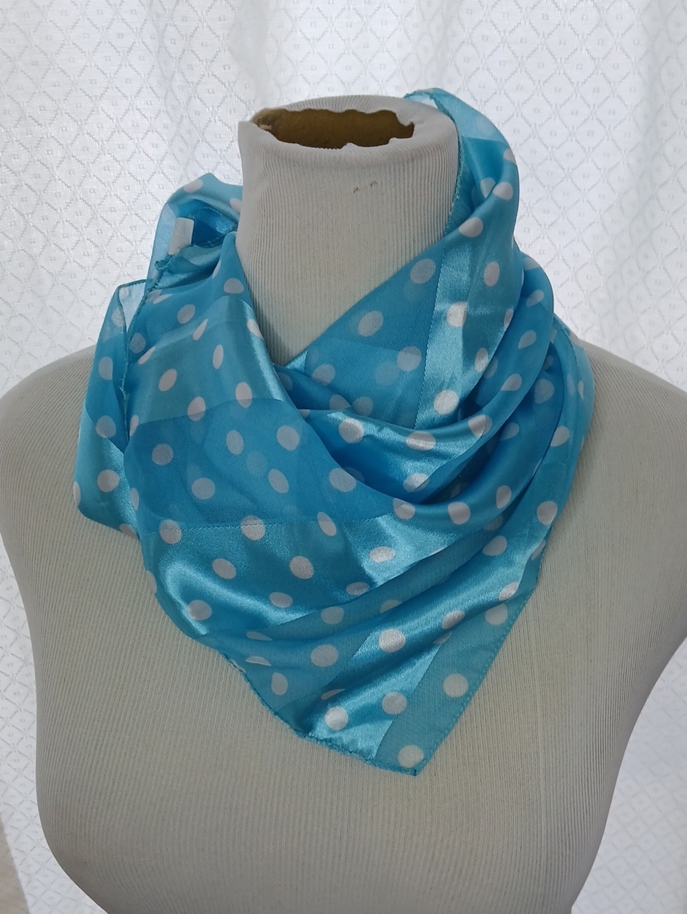 Blue And White Polka Dot Satin Scarf - Women's Accessory - Picture 1 of 3